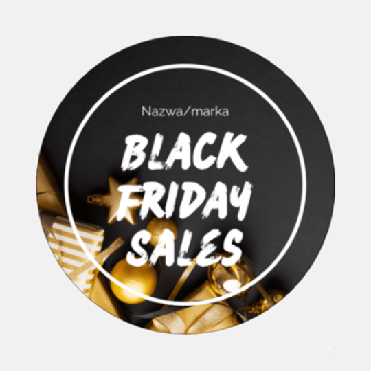 Szablon czarnej okrągłej naklejki z napisem Nazwa/Marka Black Friday Sales