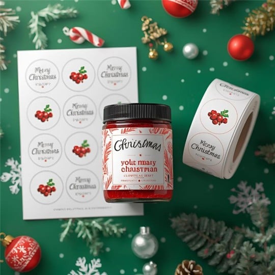 Słoik z czerwoną zawartością i etykietą świąteczną z napisem „Christmas” na zielonym tle ozdobionym bombkami, gałązkami i cukrową laską. Obok słoika leżą okrągłe naklejki z napisem „Merry Christmas” i rysunkiem czerwonych jagód – część na arkuszu, część na rolce.