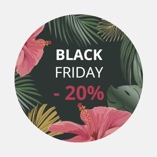 Szablon okrągłej naklejki z motywem liści palmowych i różowych pastelowych kwiatów wraz z napisem Black Friday -20%