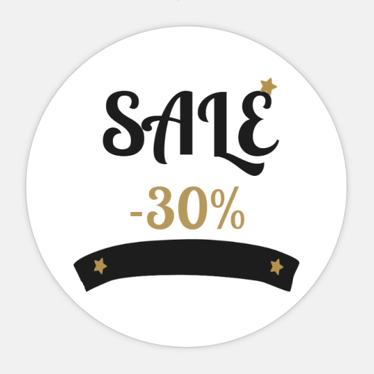 Szablon białej okrągłej naklejki z czarno-złotym napisem Sale -30%