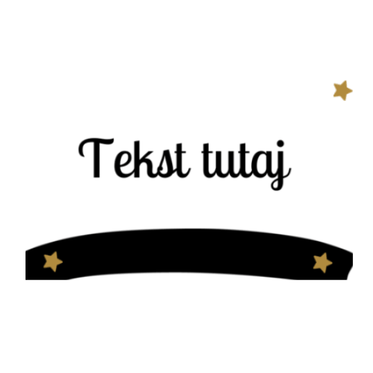 Na białym tle czarny napis „Tekst tutaj” nad czarnym, wygiętym banerem z dwiema złotymi gwiazdkami. W prawym górnym rogu mała złota gwiazdka