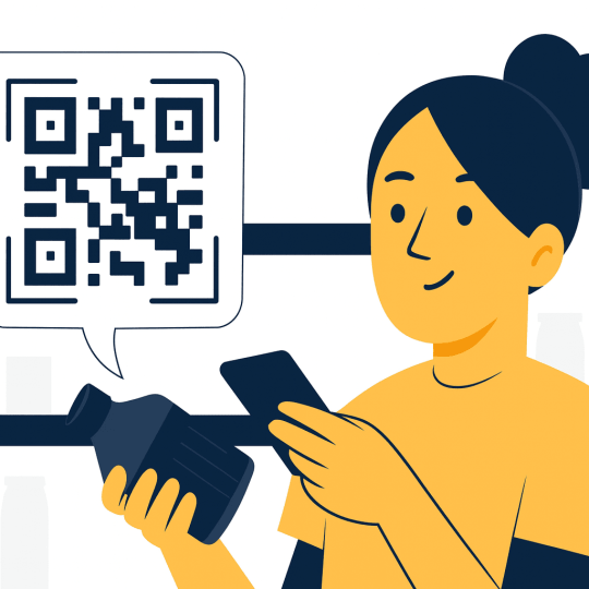 Ilustracja: osoba w sklepie trzyma butelkę i smartfon, skanuje kod. Nad półką z produktami widoczna duża chmurka z powiększonym kodem QR, symbolizująca cyfrowy dostęp do informacji o produkcie.