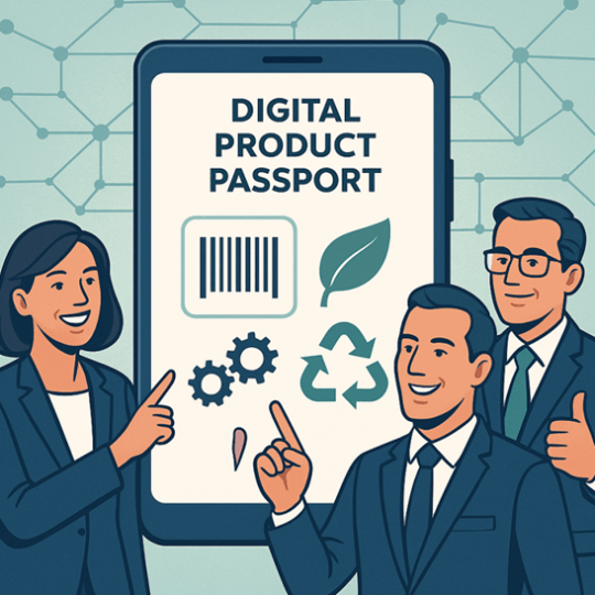 Ilustracja trzech osób w garniturach stojących przed dużym ekranem smartfona z napisem „Digital Product Passport” oraz ikonami kodu kreskowego, liścia, kół zębatych i symbolu recyklingu; wszystkie osoby uśmiechnięte, wskazują na ekran i pokazują kciuk w górę.