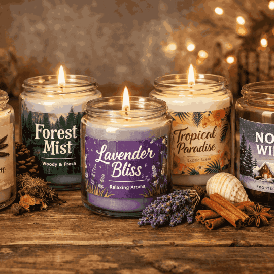 Sześć zapalonych świec w szklanych słoikach ustawionych na drewnianym blacie. Każda świeca ma inną etykietę (m.in. Vanilla Dream, Forest Mist, Lavender Bliss, Tropical Paradise, Nordic Winter); wokół leżą dekoracje: lawenda, laski cynamonu, muszla i szyszki, w tle ciepłe światełka.