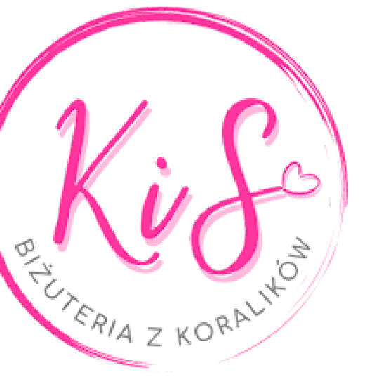 Różowe okrągłe logo z ręcznie napisanymi różowymi literami K i S wraz z szarym podpisem Biżuteria Z Koralików