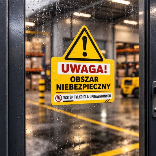 Znak ostrzegawczy na szybie: „UWAGA! OBSZAR NIEBEZPIECZNY. WSTĘP TYLKO DLA UPRAWNIONYCH”.