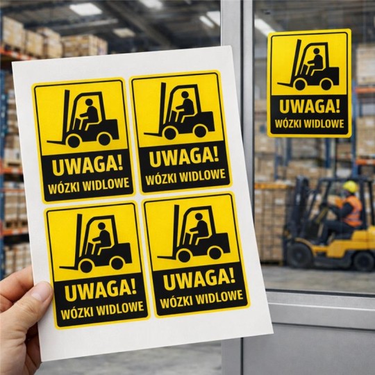 Dłoń trzyma arkusz z czterema żółtymi naklejkami ostrzegawczymi "UWAGA! WÓZKI WIDŁOWE" z piktogramem wózka. Jedna naklejka jest przyklejona na szybę, a w tle widać pracujący wózek widłowy.