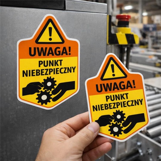 Naklejka ostrzegawcza z napisem "UWAGA! PUNKT NIEBEZPIECZNY" oraz piktogramem dłoni przy kołach zębatych. Jedna naklejka jest przyklejona do maszyny, a druga trzymana w dłoni.