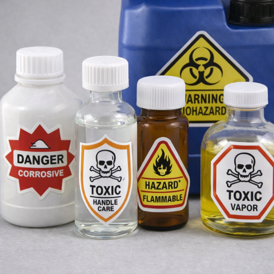 Różne pojemniki z chemikaliami, na których widoczne są etykiety ostrzegawcze z napisami: „DANGER CORROSIVE”, „TOXIC”, „HAZARD FLAMMABLE” oraz z symbolem zagrożenia biologicznego.