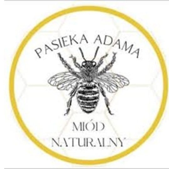 Logo Pasieki Adama: rysunek pszczoły w żółtym okręgu z tłem plastra miodu, z napisem "Pasieka Adama Miód Naturalny".  Zdjęcie 12