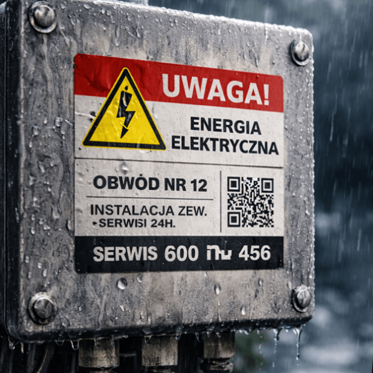 Odporna na warunki atmosferyczne etykieta ostrzegawcza na mokrej, metalowej skrzynce elektrycznej z napisem „UWAGA! ENERGIA ELEKTRYCZNA” i piktogramem wysokiego napięcia.