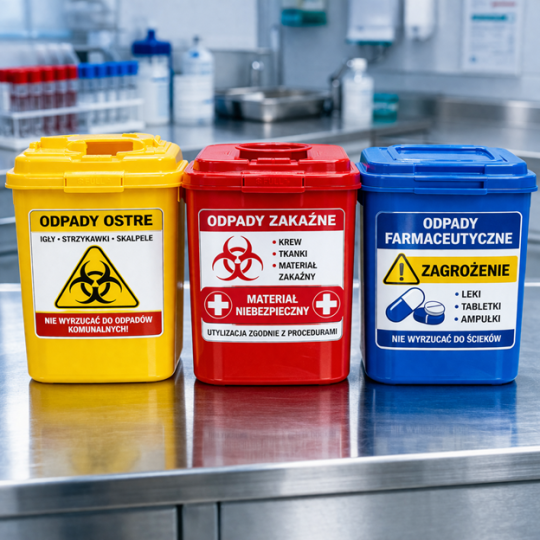 Trzy kolorowe pojemniki na odpady medyczne: żółty na odpady ostre, czerwony na odpady zakaźne i niebieski na odpady farmaceutyczne.