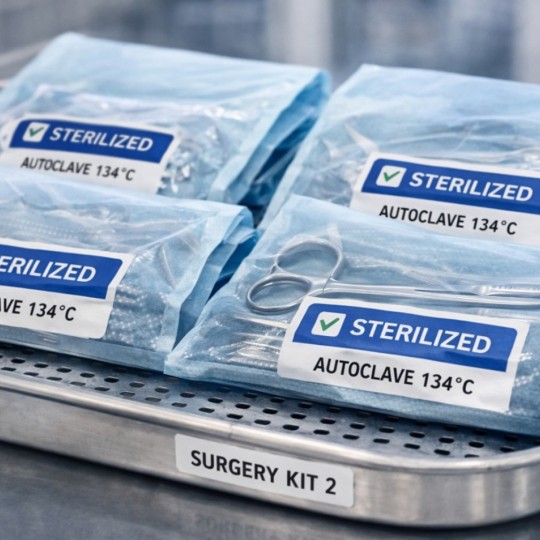 Metalowa taca chirurgiczna, na której leżą cztery zapakowane i wysterylizowane zestawy narzędzi. Każde opakowanie ma etykietę z napisem "STERILIZED".