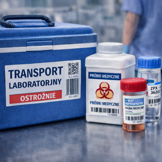 Zestaw do transportu próbek medycznych. Niebieska lodówka z etykietą "Transport laboratoryjny" oraz pojemniki i fiolki z naklejkami "Próbki medyczne".