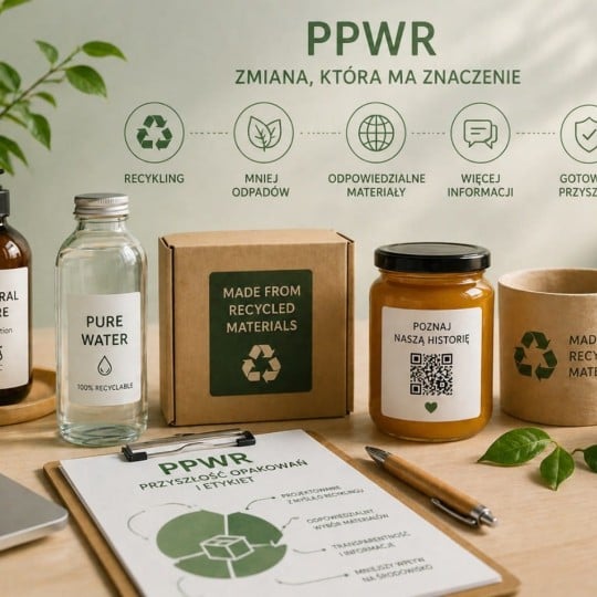 Infografika "PPWR Zmiana, która ma znaczenie" z pięcioma ikonami i podpisami: Recykling, Mniej odpadów, Odpowiedzialne materiały, Więcej informacji, Gotowi na przyszłość. Na biurku w tle widać przykłady ekologicznych opakowań.
