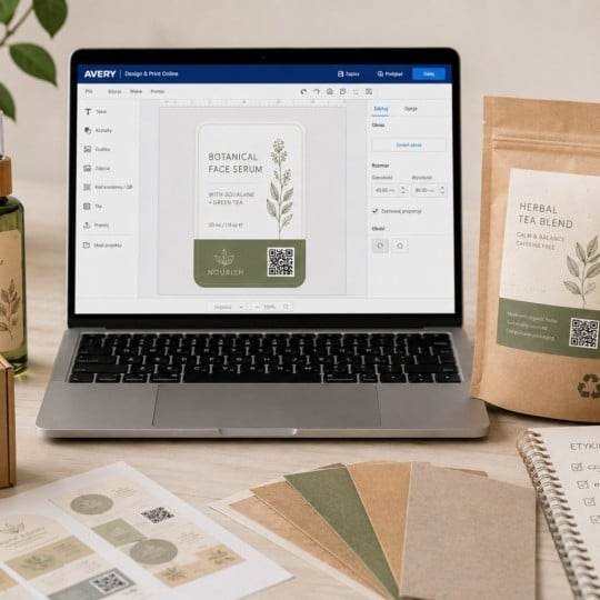 Biurko projektanta z otwartym laptopem, na którym widać program Avery do tworzenia etykiet. Na ekranie projekt etykiety dla "Botanical Face Serum". Wokół leżą gotowe produkty z etykietami: butelka serum, kartonowe pudełko, torebka herbaty ziołowej, oraz arkusze z wydrukowanymi etykietami i wzorniki kolorów.