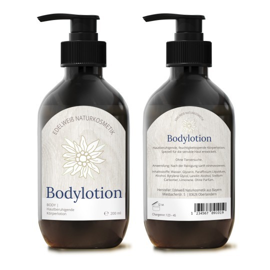 Dwie strony tej samej butelki balsamu do ciała 'Bodylotion' z pompką. Etykieta z przodu zawiera nazwę produktu i logo szarotki alpejskiej. Etykieta z tyłu przedstawia skład, sposób użycia i dane producenta.