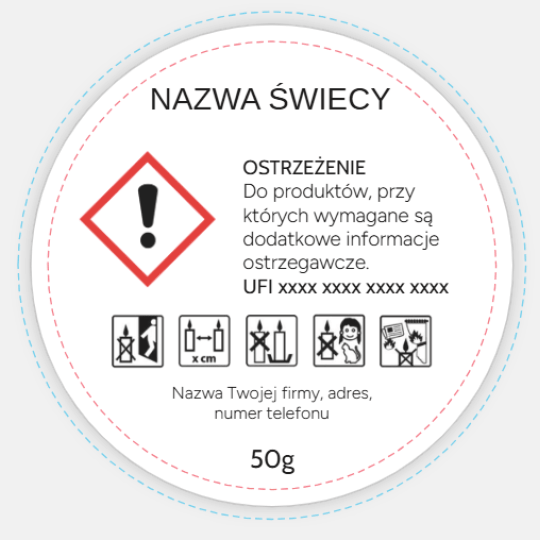 Wzór etykiety na świecę z miejscem na nazwę produktu. Etykieta zawiera piktogram CLP (wykrzyknik), piktogramy bezpieczeństwa oraz pola na dane firmy, kod UFI i wagę.