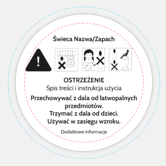 Etykieta ostrzegawcza świecy zapachowej. Zawiera nazwę świecy, trzy piktogramy: nie zostawiaj w pobliżu zębów, trzymaj z dala od dzieci i zwierząt, nie zostawiaj bez nadzoru. Poniżej tekst: "OSTRZEŻENIE. Spis treści i instrukcja użycia. Przechowywać z dala od łatwopalnych przedmiotów. Trzymać z dala od dzieci. Używać w zasięgu wzroku. Dodatkowe informacje".