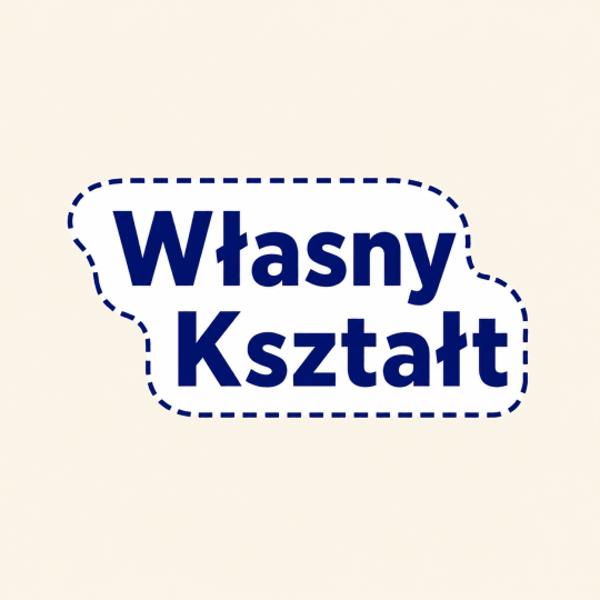 Niebieski napis WŁASNY KSZTAŁT obrysowany przerywaną linią