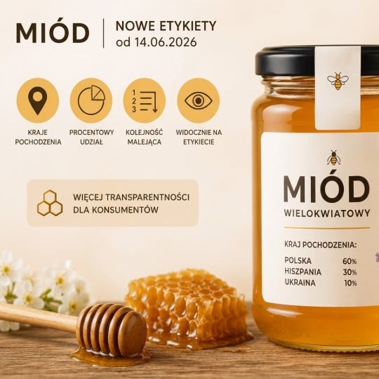 Infografika przedstawiająca nowe zasady etykietowania miodu od 14.06.2026. Główne zmiany to: obowiązkowe podawanie krajów pochodzenia, ich procentowego udziału w mieszance, w kolejności malejącej. Wszystkie informacje mają być widoczne na etykiecie dla większej transparentności. Na grafice widoczny jest słoik miodu wielokwiatowego z przykładową etykietą: Kraj pochodzenia: Polska 60%, Hiszpania 30%, Ukraina 10%.