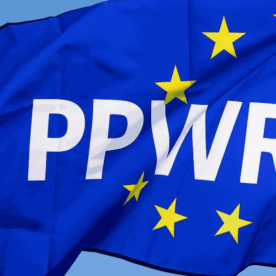 Flaga Unii Europejskiej z białym napisem PPWR na środku, symbolizująca nowe unijne rozporządzenie w sprawie opakowań i odpadów opakowaniowych.