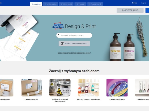 Ekran startowy oprogramowania Avery Design&Print