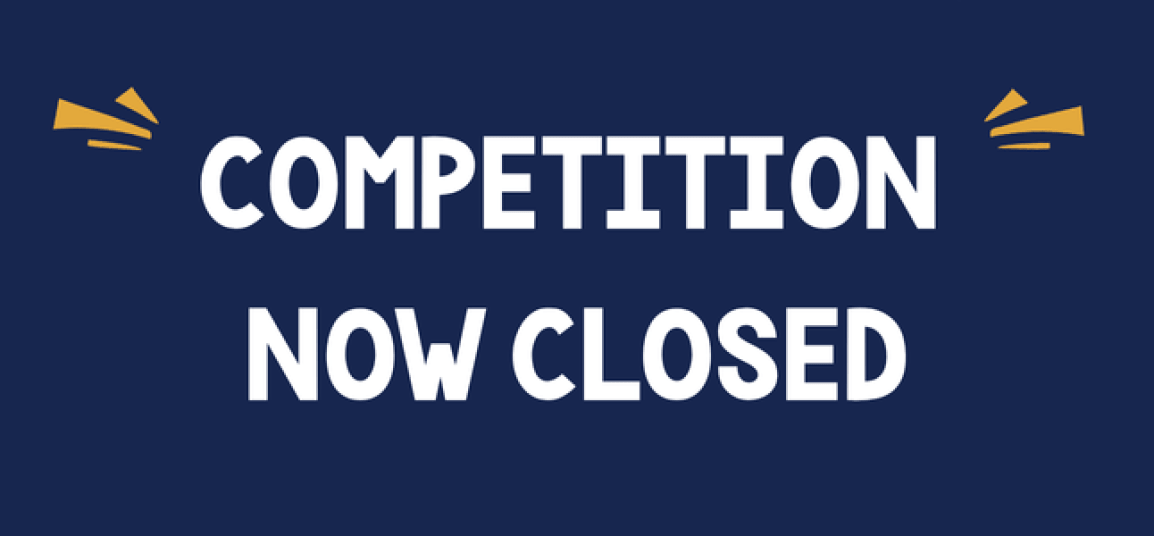 Napis Competition Now Closed z żółtymi kreskami na granatowym tle