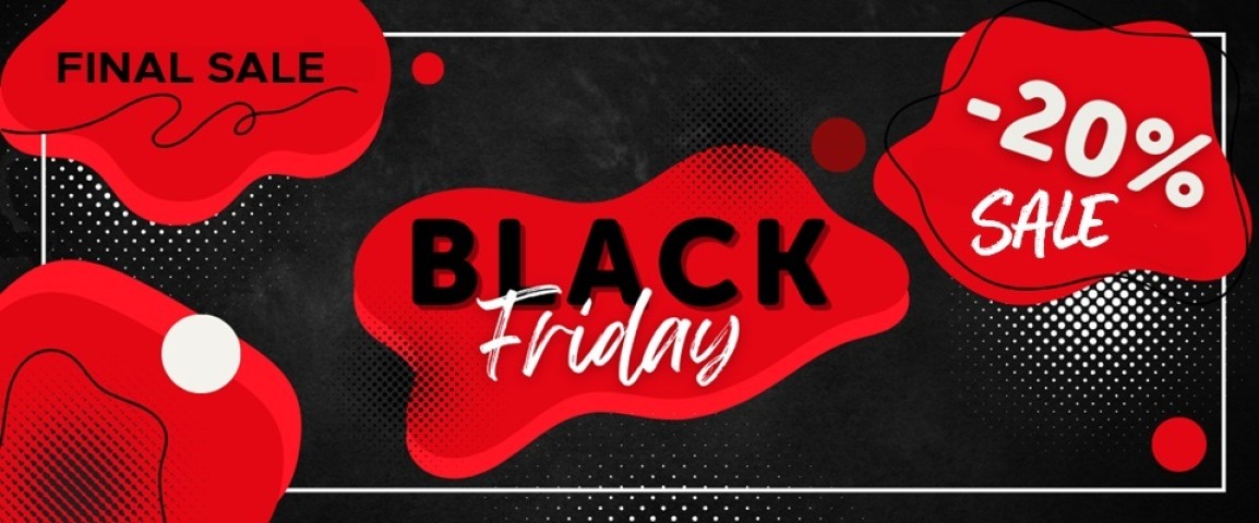 Baner promocyjny Black Friday, czerwono-czarny, z napisem 'Final Sale', 'Black Friday' i informacją o obniżce -20%