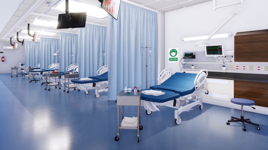 Sala szpitalna w niebieskich kolorach