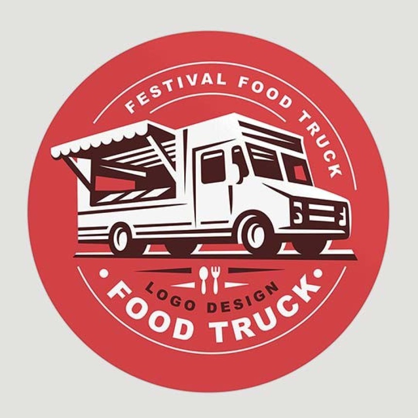 Okrągła czerwona naklejka z grafiką food trucka i białym podpisem Food Truck
