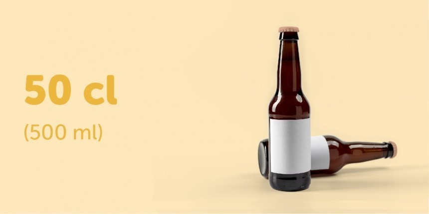 Żółta infografika z dwoma butelkami piwa oraz napisem 50 cl
