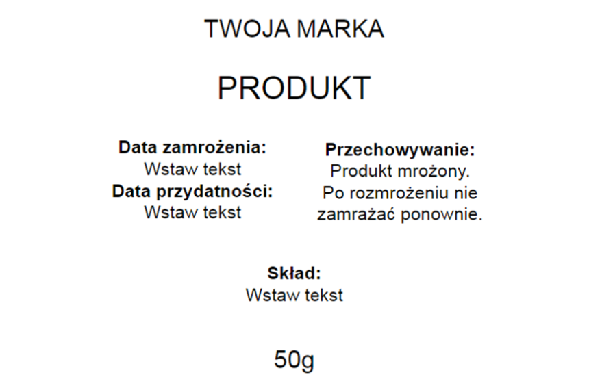szablon etykiet na mrożonki z szczegółowymi informacjami o produkcie