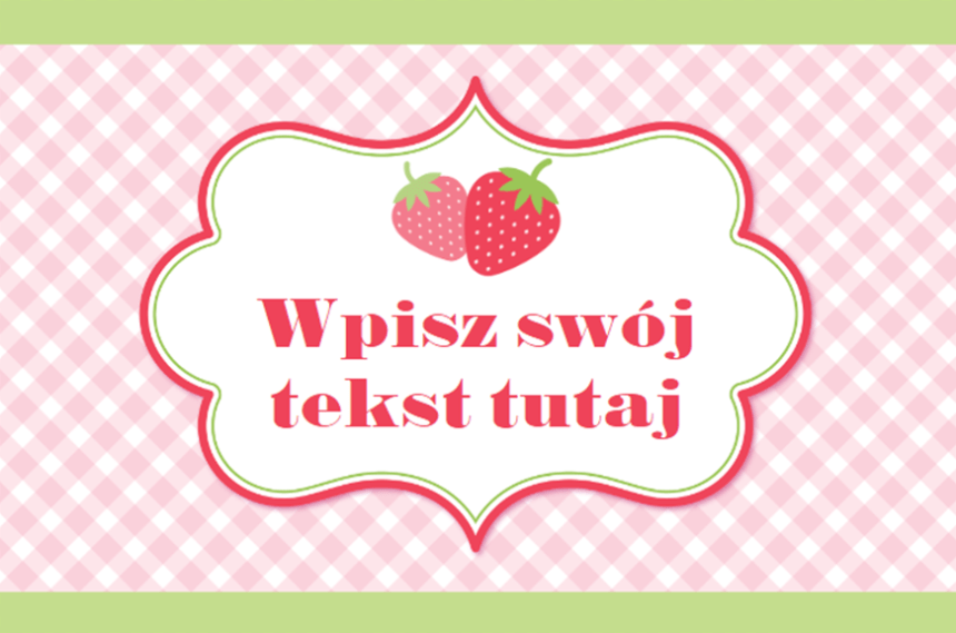 szablon etykiet na mrożonki z ikonką truskawek i biało-czerwoną szachownicą w tle