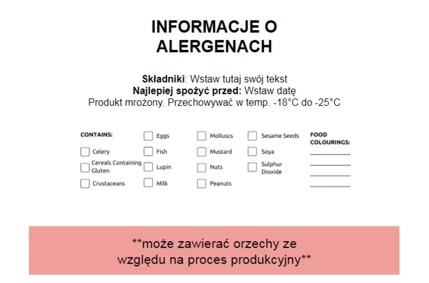 szablon etykiet na mrożonki z szczegółowymi informacjami o produkcie