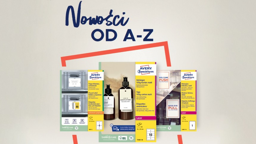Baner z napisem Nowości od A-Z prezentujący paczkę podkładek, zawieszek i naklejek na okna
