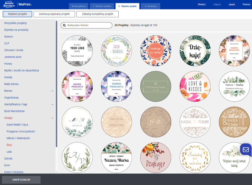 Ekran szablonów okrągłych etykiet w oprogramowaniu Avery Design&Print