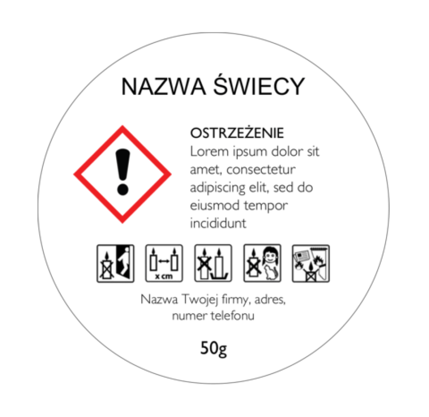 Etykieta CLP z nazwą świecy i informacjami o składzie