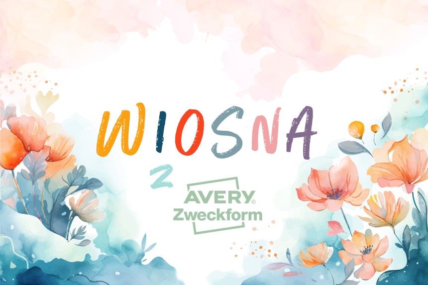 Baner z kolorowym napisem Wiosna oraz akwarelowymi motywami kwiatów i jasnego nieba