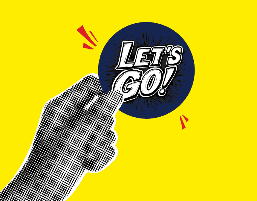 Czarnobiała ręka na żółtym tle trzymająca okrągłą naklejkę z napisem Let's Go