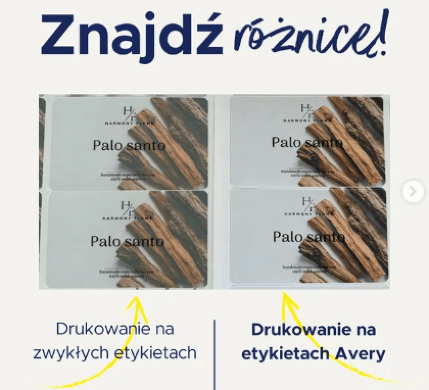 Grafika pokazująca różnicę pomiędzy zwykłymi etykietami a etykietami Avery