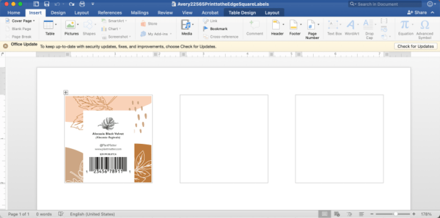 Ekran trzech zaprojektowanych kwadratowych etykiet na tył słoika w programie Microsoft Word