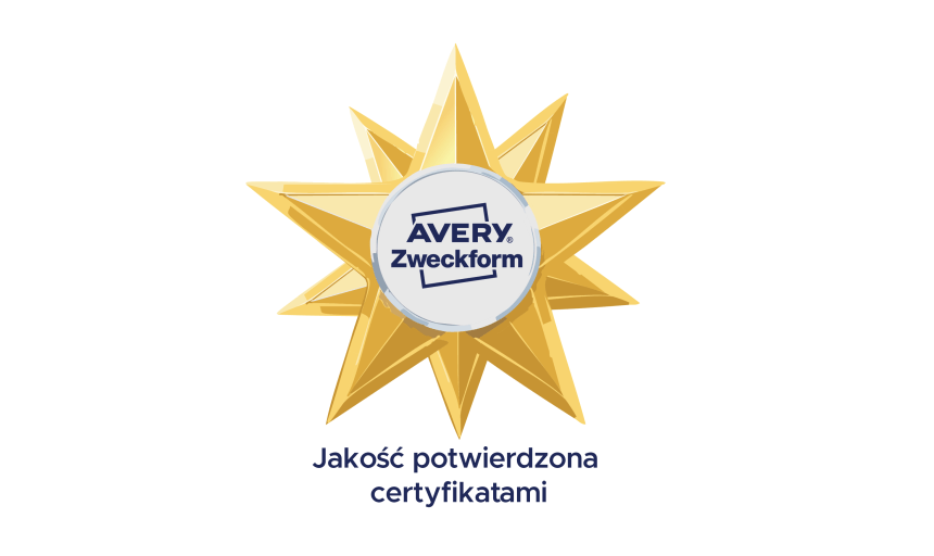 Logo Avery Zweckform wpisane w kształt dziesięcioramiennej złotej gwiazdy oraz podpis Jakość potwierdzona certyfikatami