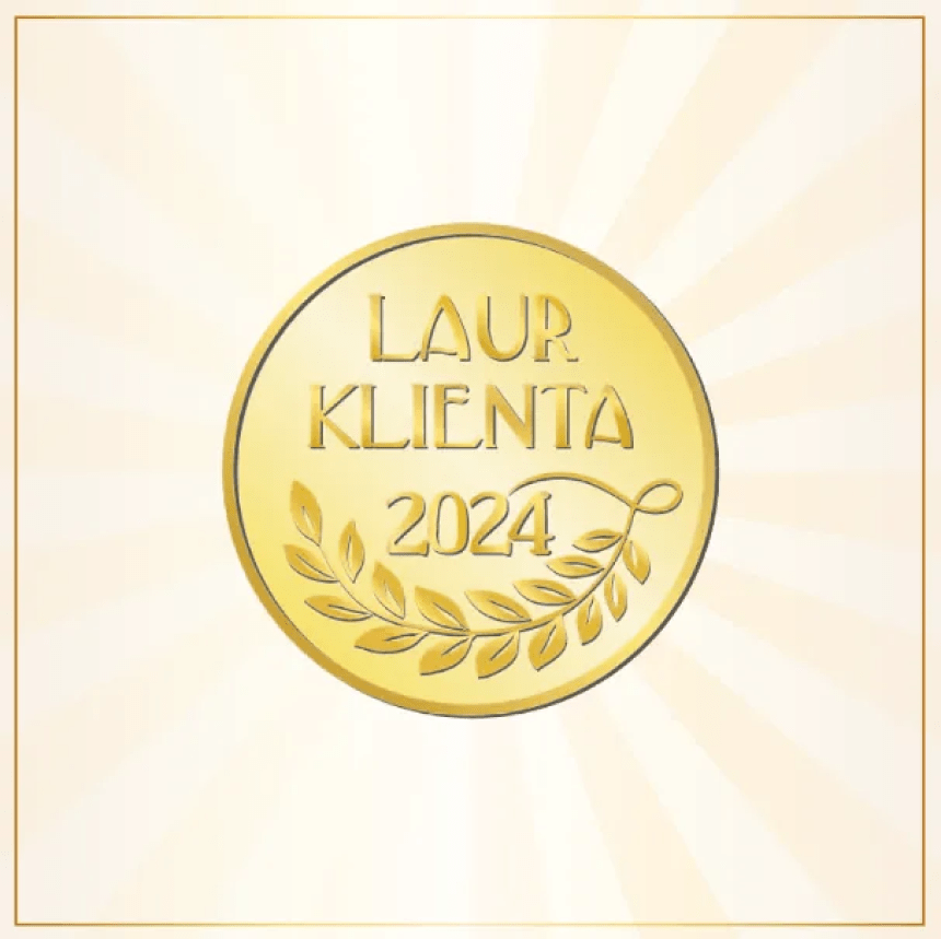 Złota okrągła odznaka Laur Klienta 2024 na biało żółtym tle