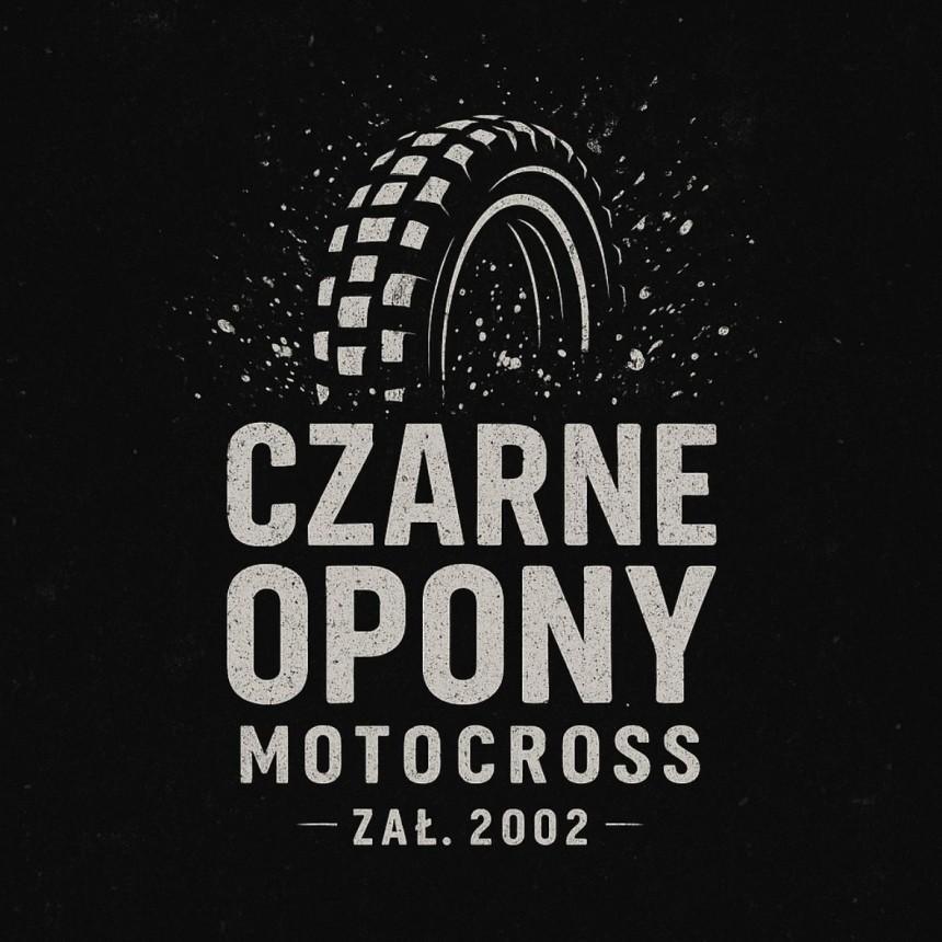 Kwadratowa naklejka z ikonką opony motocykla oraz napisem Czarne Opony Motocross zał. 2002