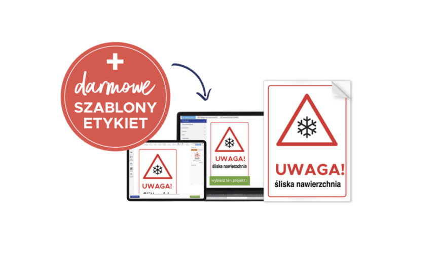 Grafika pokazująca dwa ekrany komputerów z projektem etykiety „UWAGA! śliska nawierzchnia” oraz duży napis po lewej stronie: „darmowe szablony etykiet”.