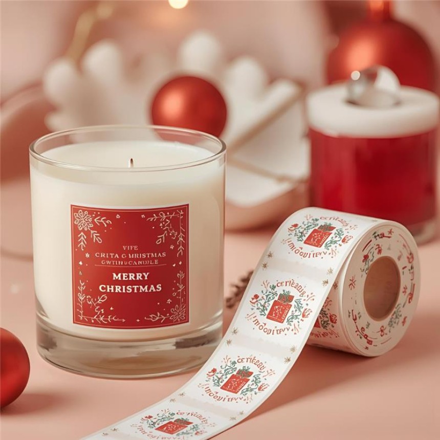 Biała świeca w szkle z czerwoną etykietą z napisem „Merry Christmas”, obok rolka naklejek z motywami prezentu i napisem świątecznym. W tle świąteczne dekoracje.