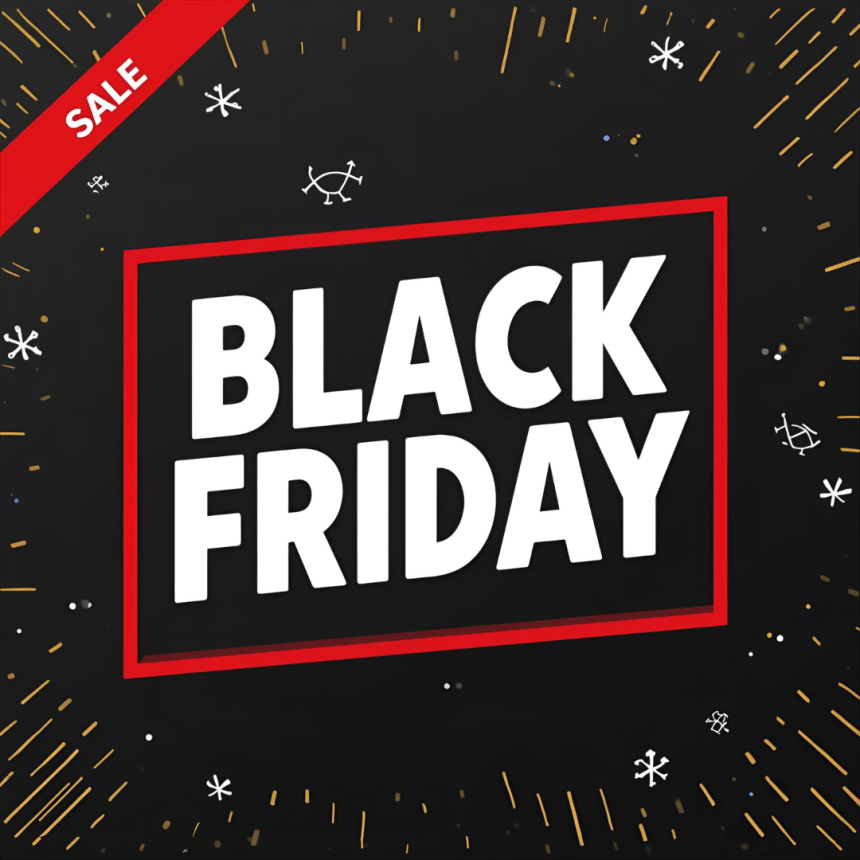 Baner Black Friday na czarnym tle z białym napisem w czerwonej ramce, ozdobiony liniami i gwiazdkami, w rogu napis Sale.