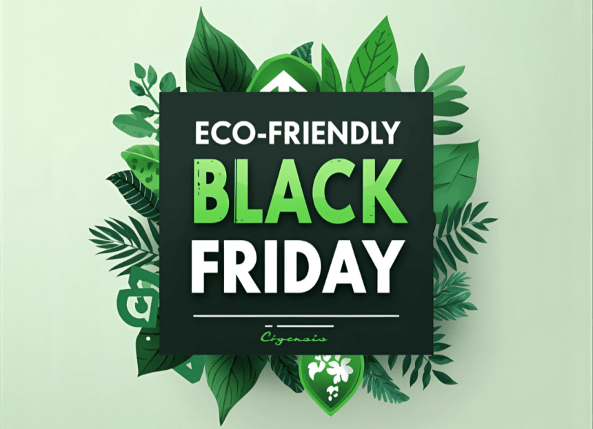 Zielony baner promocyjny z napisem „Eco-friendly Black Friday” otoczony ilustracjami liści na jasnozielonym tle.