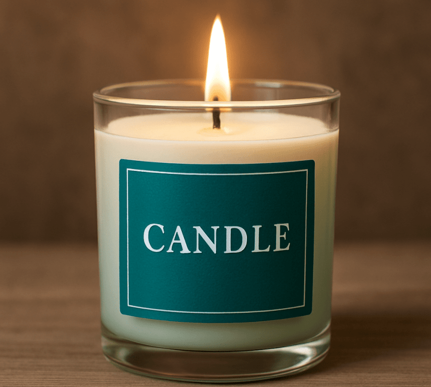 Szklana zapalona świeca zapachowa w kremowym kolorze, stojąca na drewnianej powierzchni; na froncie widoczna turkusowa etykieta z białym napisem „CANDLE”.